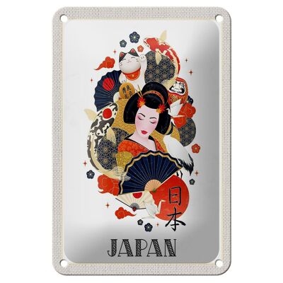 Letrero de hojalata para viaje, 12x18cm, Japón, mujer, gato, pez, arte, cultura
