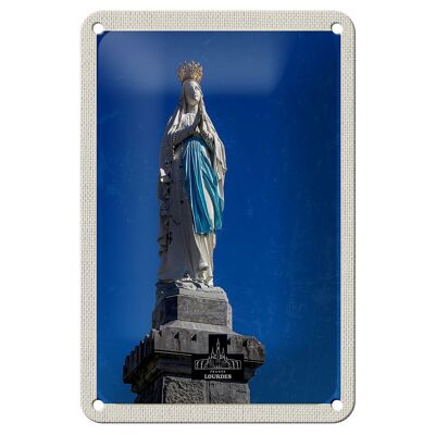 Plaque tôle voyage 12x18cm France Lourdes sculpture signe or blanc