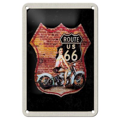 Cartel de chapa de viaje, 12x18cm, ruta estadounidense de EE. UU., cartel de mujer de motocicleta US 66