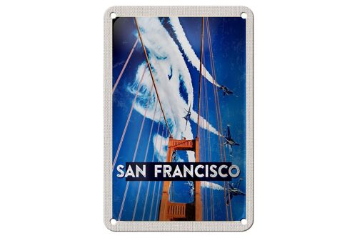 Blechschild Reise 12x18cm San Francisco Brücke Flugzeug Himmel Schild