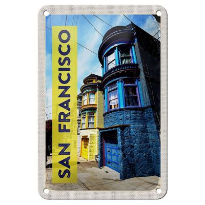 Panneau de voyage en étain, 12x18cm, San Francisco, maisons américaines, panneau bleu jaune