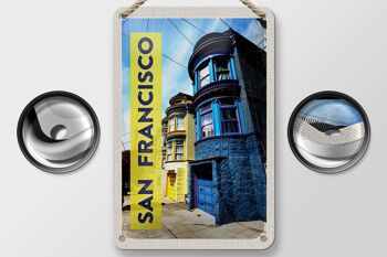 Panneau de voyage en étain, 12x18cm, San Francisco, maisons américaines, panneau bleu jaune 2