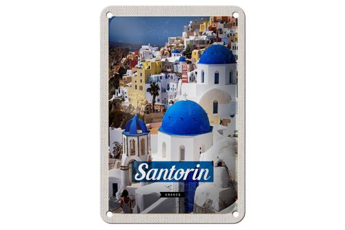 Blechschild Reise 12x18cm Santorini Greece Stadt weiß blau Schild