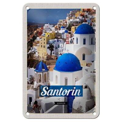 Blechschild Reise 12x18cm Santorini Greece Stadt weiß blau Schild