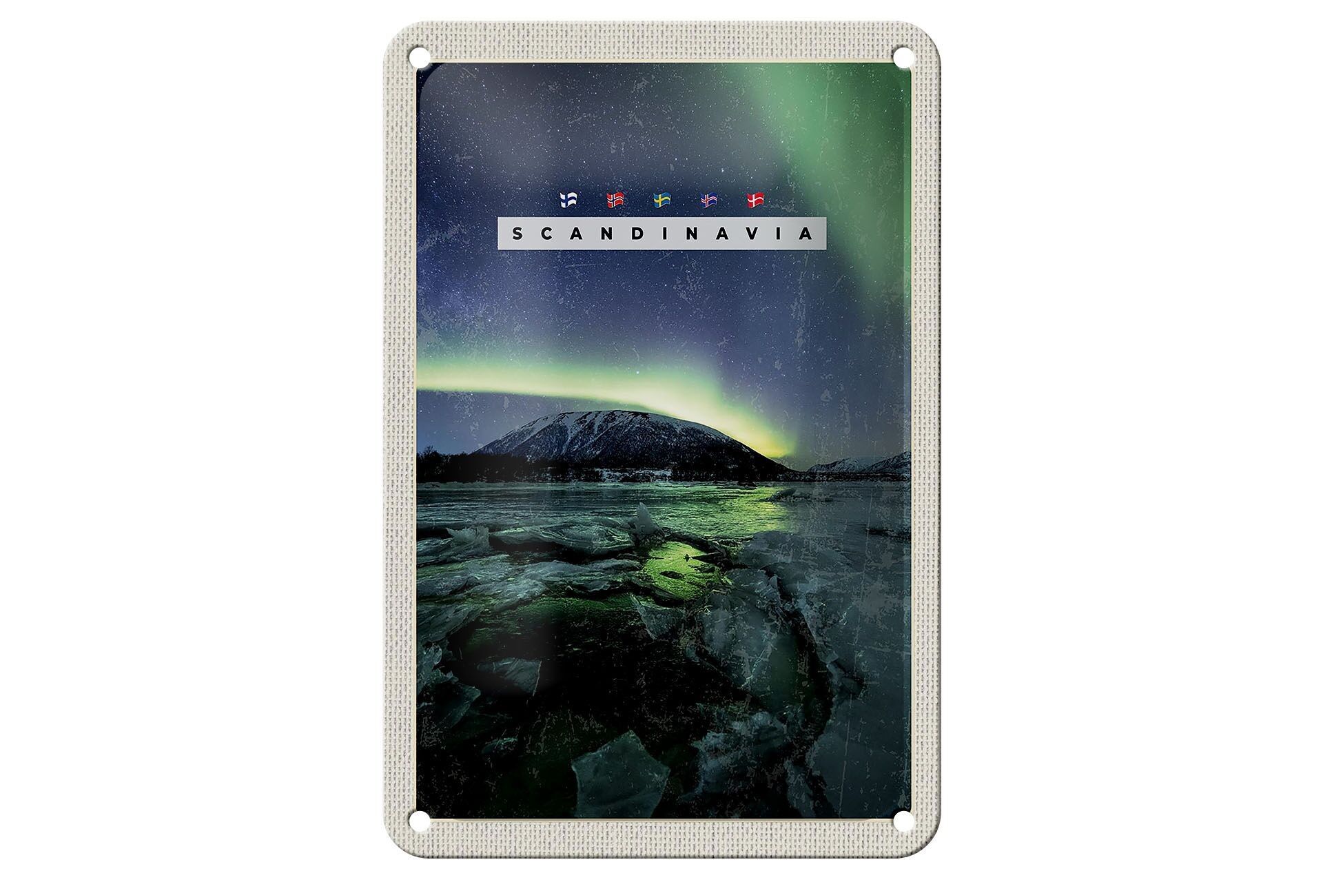 Blechschild Reise 12x18cm Skandinavien Natur Eis Gebirge Schnee Schild