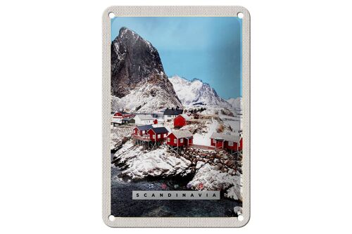 Blechschild Reise 12x18cm Skandinavien Schnee Häuser Gebirge Schild