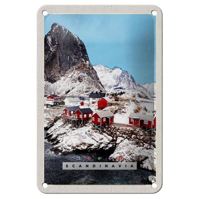 Blechschild Reise 12x18cm Skandinavien Schnee Häuser Gebirge Schild