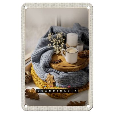 Letrero de hojalata para viaje, 12x18cm, lana escandinava, café, otoño, vela