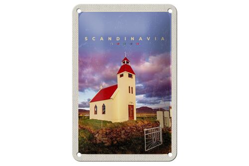 Blechschild Reise 12x18cm Skandinavien Haus rot Dach Wiese Natur Schild