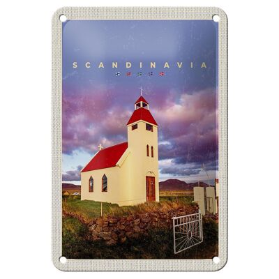 Blechschild Reise 12x18cm Skandinavien Haus rot Dach Wiese Natur Schild