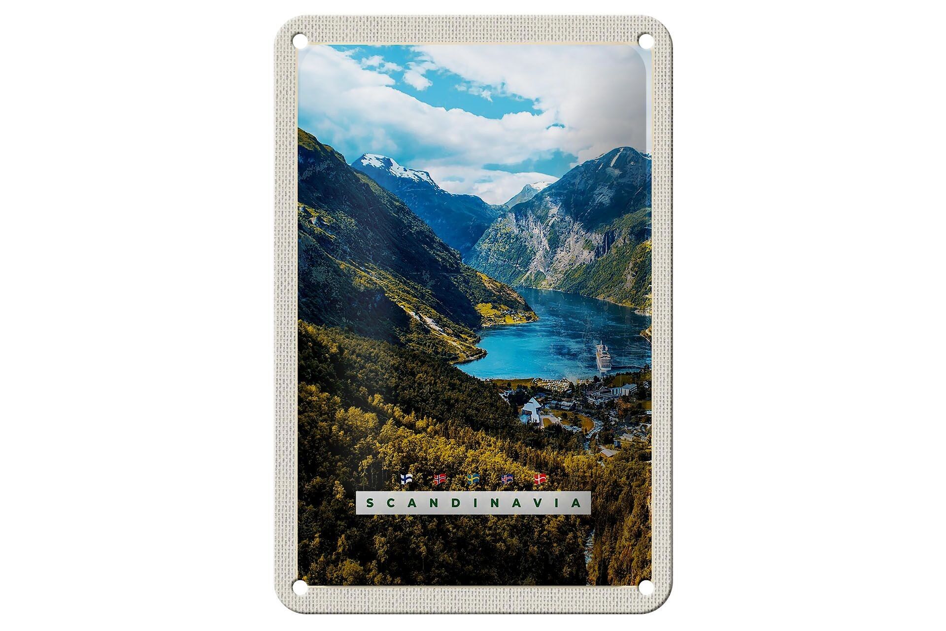 Letrero de chapa de viaje, 12x18cm, Escandinavia, naturaleza, mar, montañas, barco