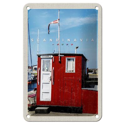Blechschild Reise 12x18cm Skandinavien Meer Stromly rotes Haus Schild