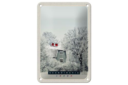 Blechschild Reise 12x18cm Skandinavien Schnee Weiß Natur Haus Schild