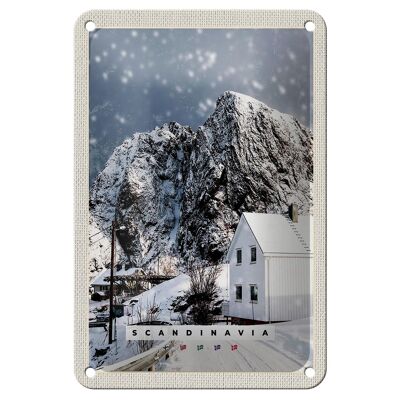 Blechschild Reise 12x18cm Skandinavien Schnee Winter Berg Haus Schild