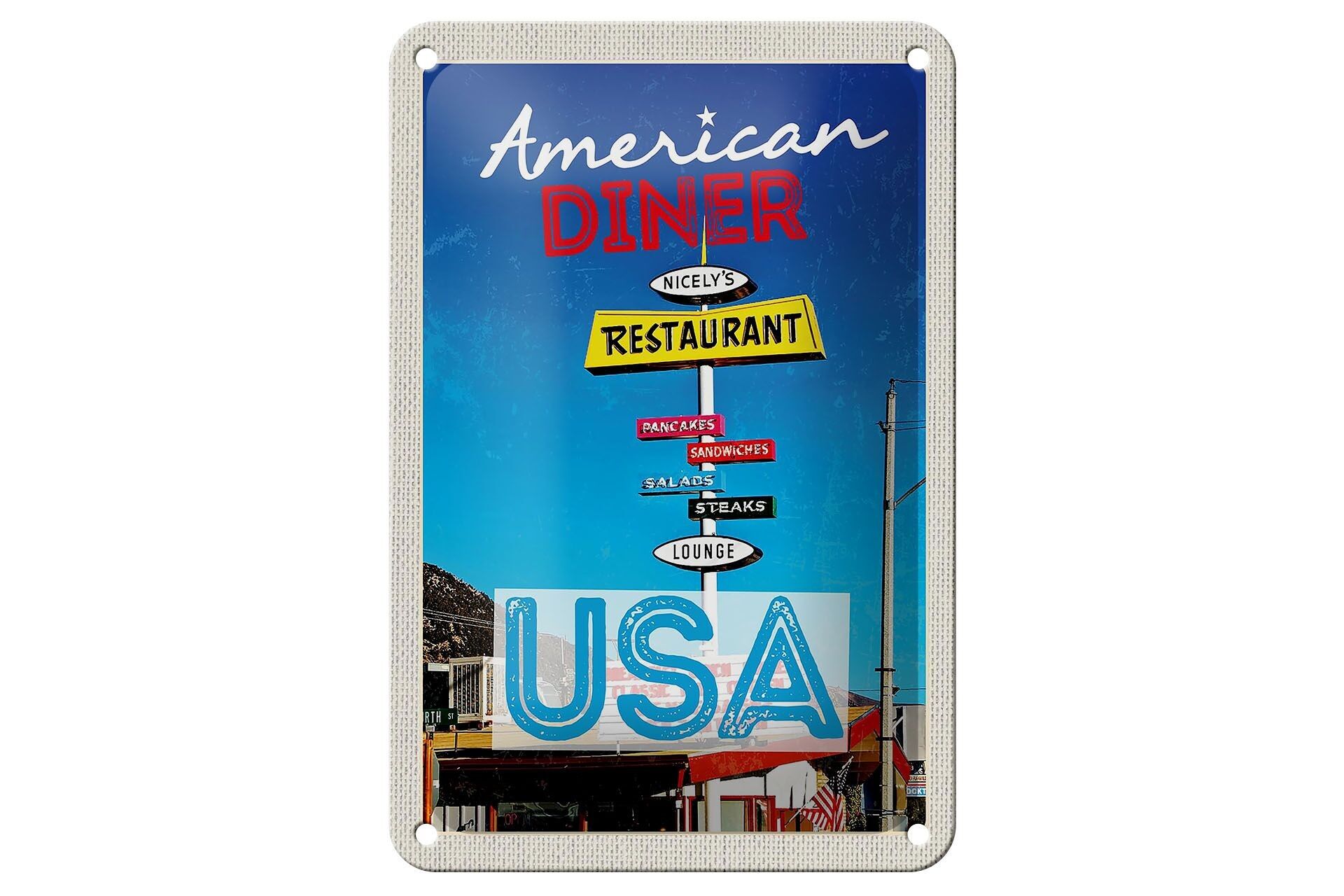 Targa in metallo da viaggio 12x18 cm USA Ristorante Pancake Bistecche Insalata