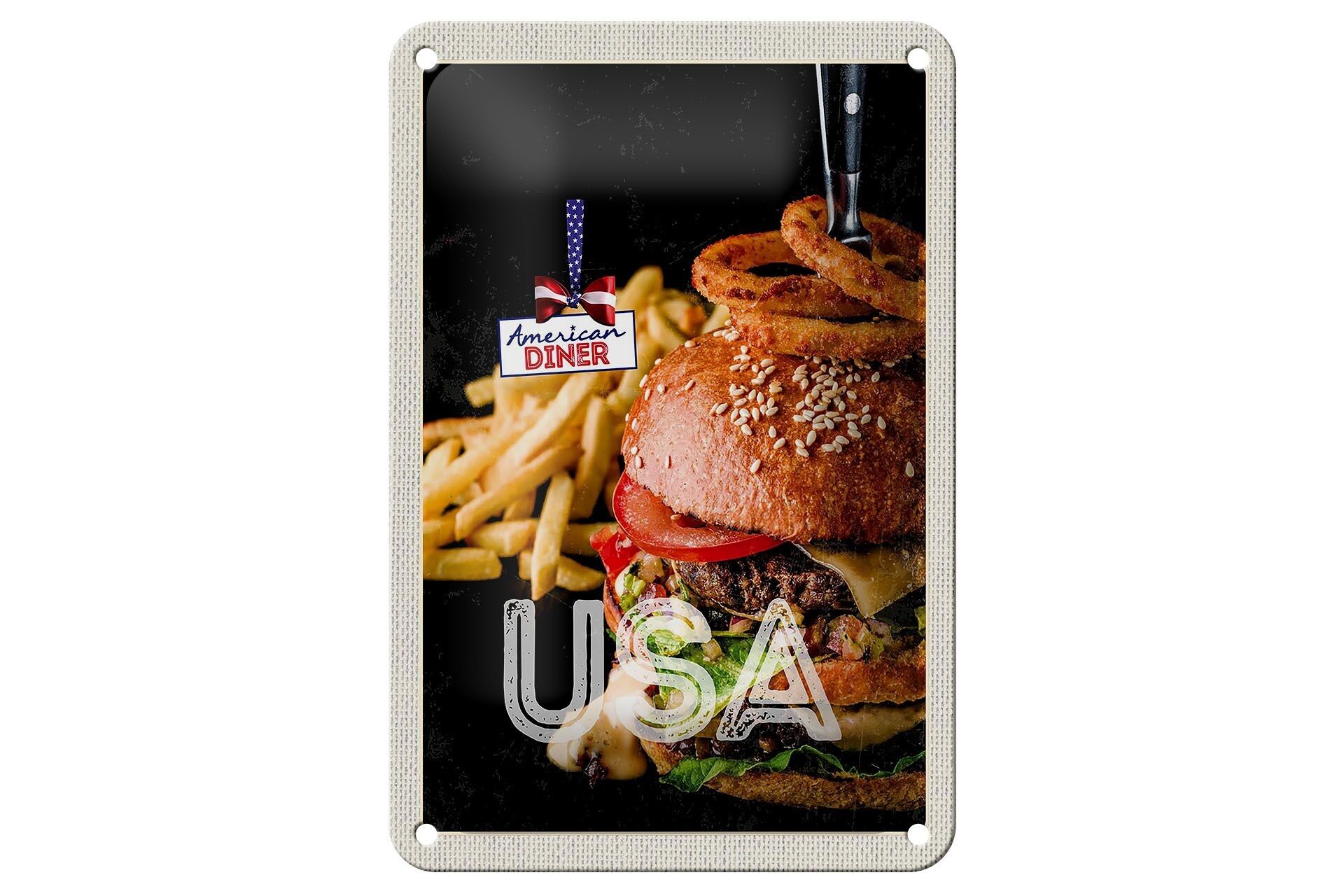 Targa in metallo da viaggio, 12 x 18 cm, USA, hamburger, patatine fritte, anelli di cipolla, cibo