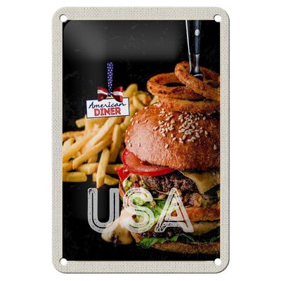 Targa in metallo da viaggio, 12 x 18 cm, USA, hamburger, patatine fritte, anelli di cipolla, cibo