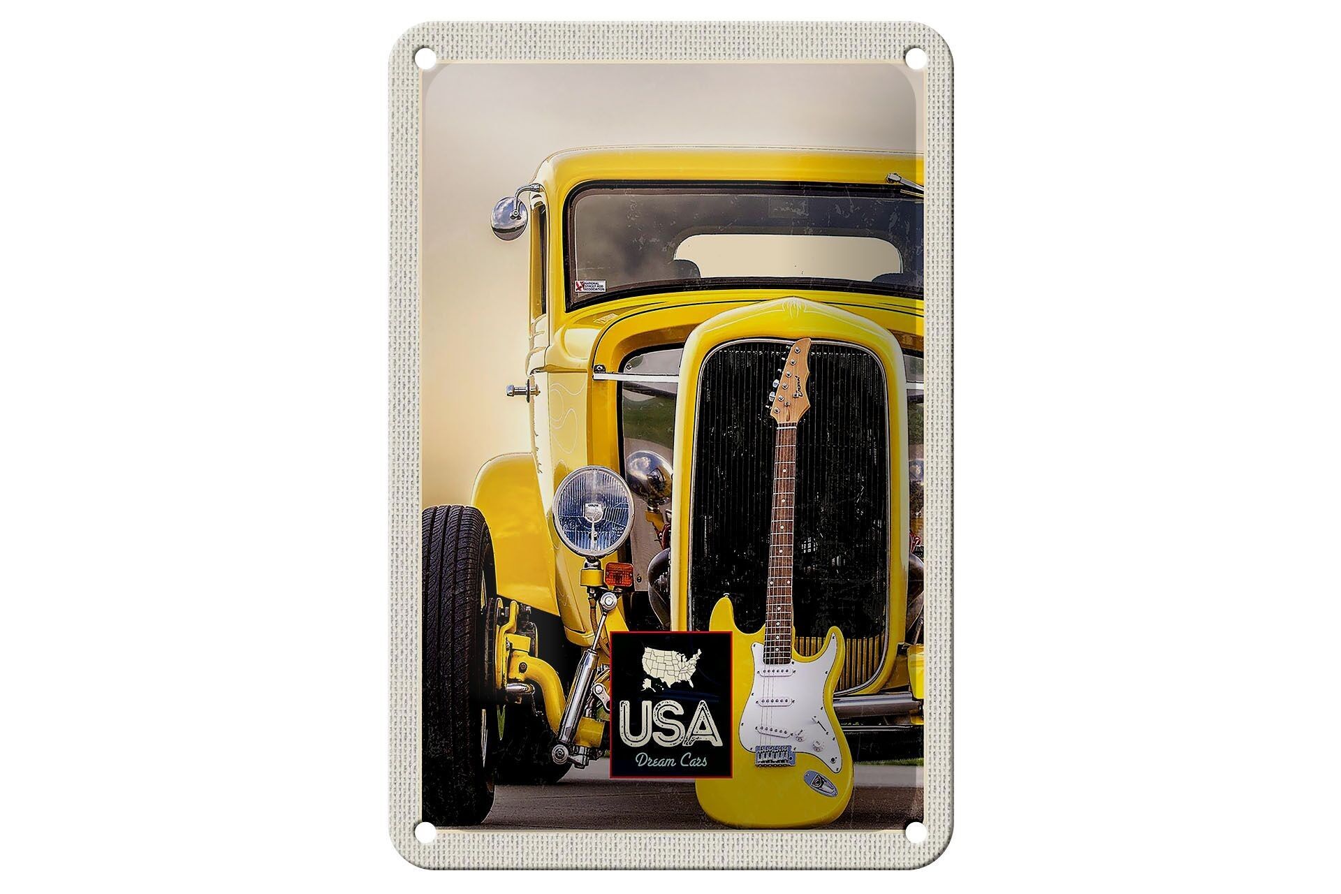 Targa in metallo da viaggio 12x18 cm America Vintage Car Yellow Car Guitar Sign