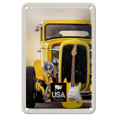 Blechschild Reise 12x18cm Amerika Oldtimer gelb Auto Gitarre Schild