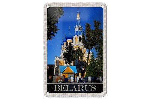 Blechschild Reise 12x18cm Belarus Europa Architektur blau beige Schild in sign