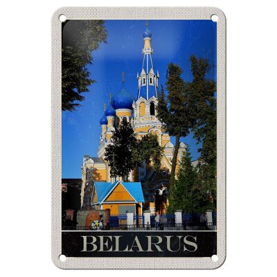 Blechschild Reise 12x18cm Belarus Europa Architektur blau beige Schild in sign