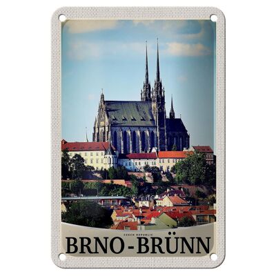 Panneau de voyage en étain, 12x18cm, Brno-Brünn, république tchèque, panneau d'église de ville