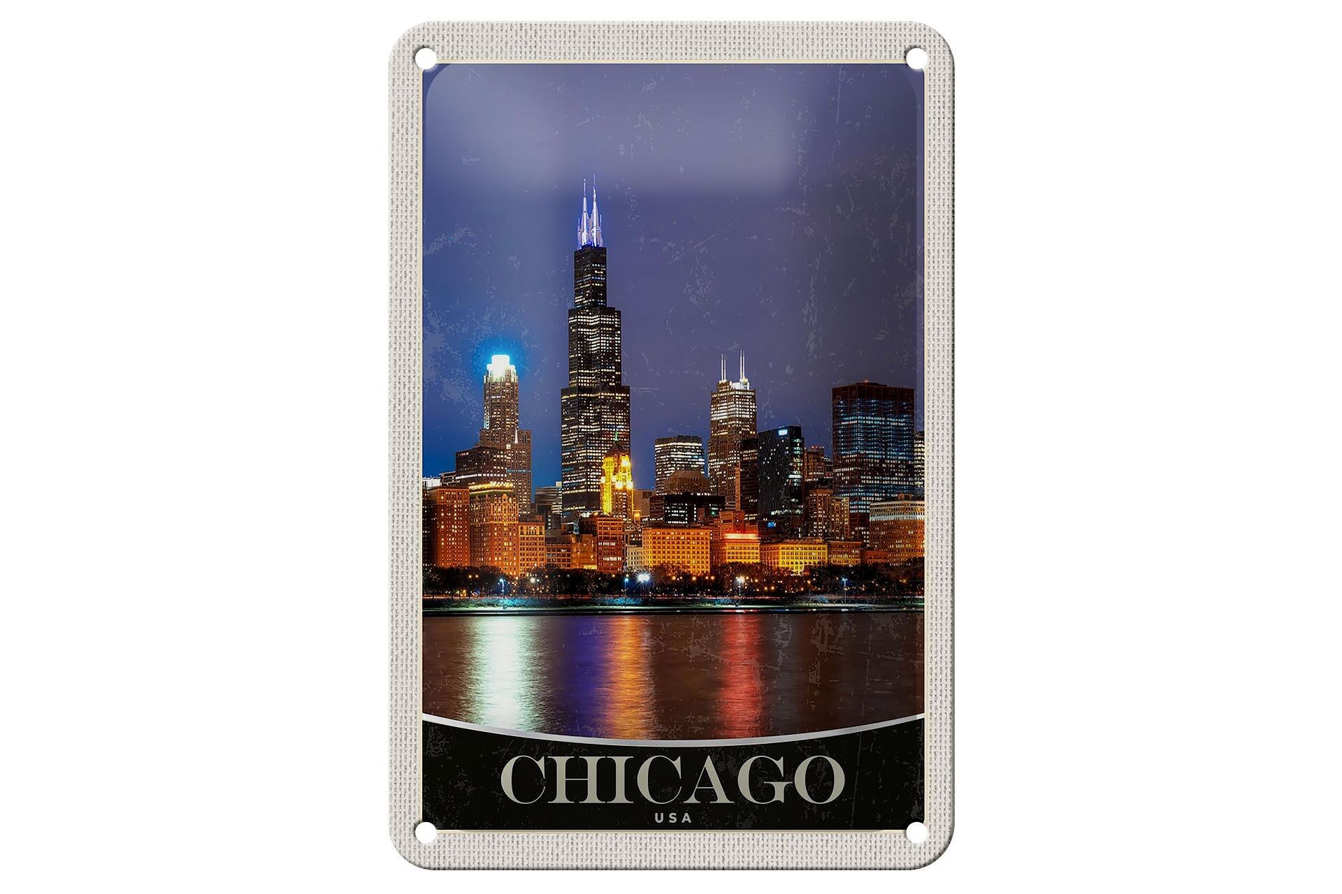 Blechschild Reise 12x18cm Chicago USA Amerika Abend am Meer Schild