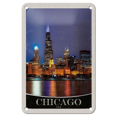 Blechschild Reise 12x18cm Chicago USA Amerika Abend am Meer Schild