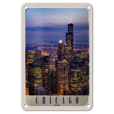 Blechschild Reise 12x18cm Chicago Amerika USA Hochhaus Abend Schild