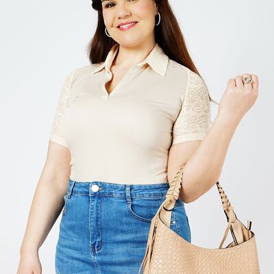 BEIGE POLO TOP WITH LACE - ALIVIA BEIGE
