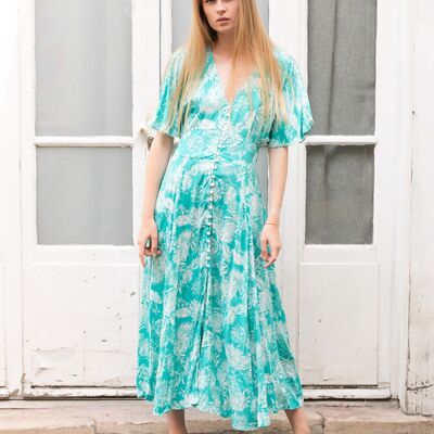 Long floral-print dress with buttoned LUREX on the front