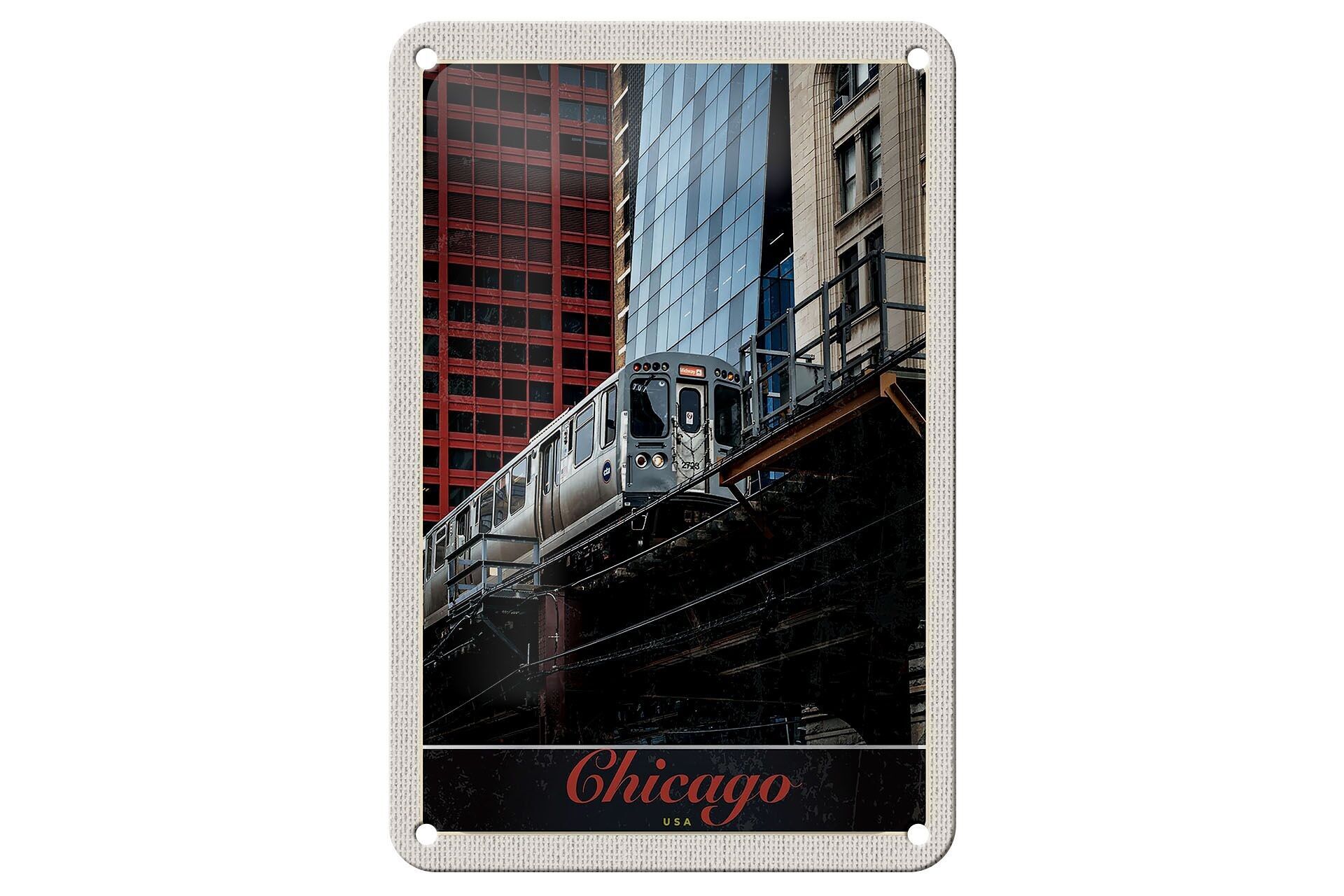 Tin sign travel 12x18cm Chicago USA America train skyscraper sign