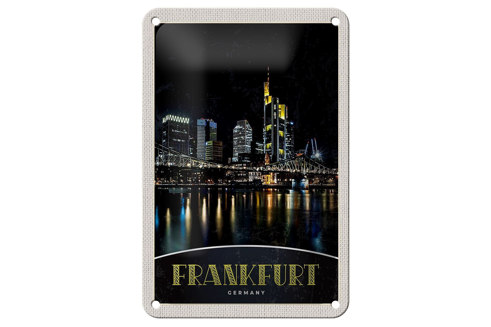 Targa in metallo da viaggio 12x18 cm Francoforte Germania Night Bridge Sign