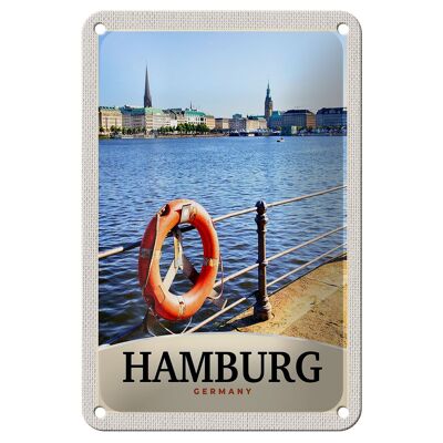 Panneau de voyage en étain, 12x18cm, port de hambourg, allemagne, panneau de ville fluviale