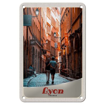 Cartel de chapa de viaje, 12x18cm, Lyon, Francia, pareja, casco antiguo, cartel de vacaciones