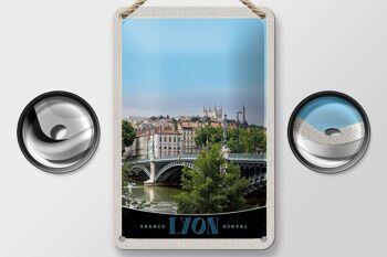 Panneau de voyage en étain, 12x18cm, pont de Lyon, France, château de rivière 2