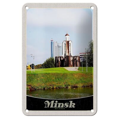 Blechschild Reise 12x18cm Minsk Belarus Fluss Skulptur Urlaub Schild