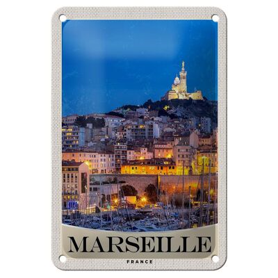 Cartel de chapa de viaje, 12x18cm, Marsella, Francia, iglesia, cartel nocturno