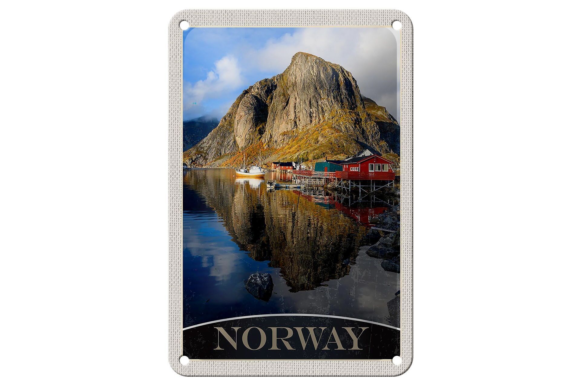 Cartel de chapa de viaje, 12x18cm, Noruega, Europa, lago, casas, barcos, señal de viaje