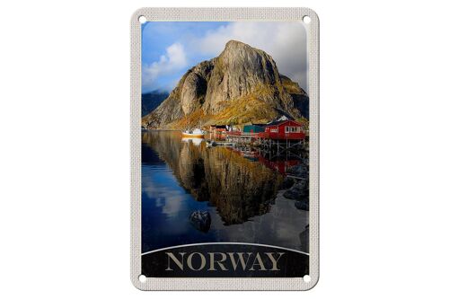 Blechschild Reise 12x18cm Norwegen Europa See Häuser Boote Trip Schild