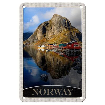 Cartel de chapa de viaje, 12x18cm, Noruega, Europa, lago, casas, barcos, señal de viaje