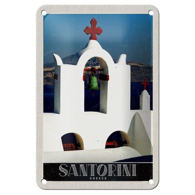 Blechschild Reise 12x18cm Santorini Insel Meer Kreuz Kirche Schild