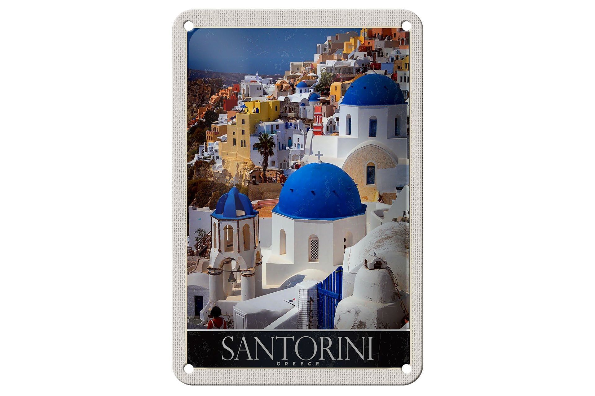 Blechschild 12x18cm Santorini Griechenland Häuser weiss blau Reiseschild