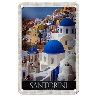 Targa in metallo 12x18 cm Santorini Grecia ospita un cartello da viaggio bianco blu