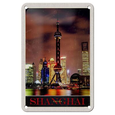 Cartel de chapa de viaje, 12x18cm, Shanghai, China, torre de la ciudad, señal de vacaciones en el mar