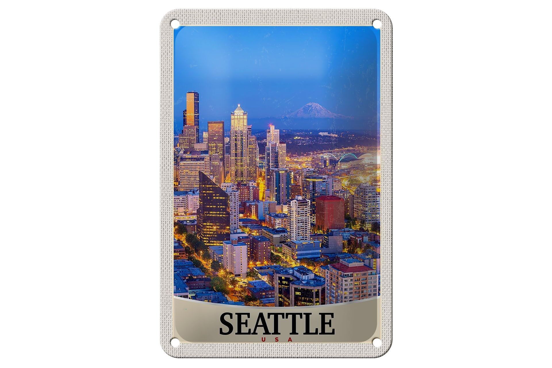 Targa in metallo da viaggio 12x18 cm Seattle USA America City Evening Vacation Sign