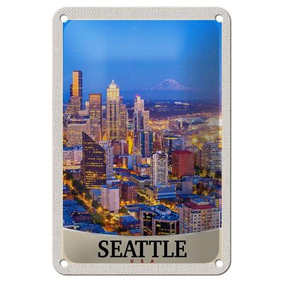 Blechschild Reise 12x18cm Seattle USA Amerika Stadt Abend Urlaub Schild