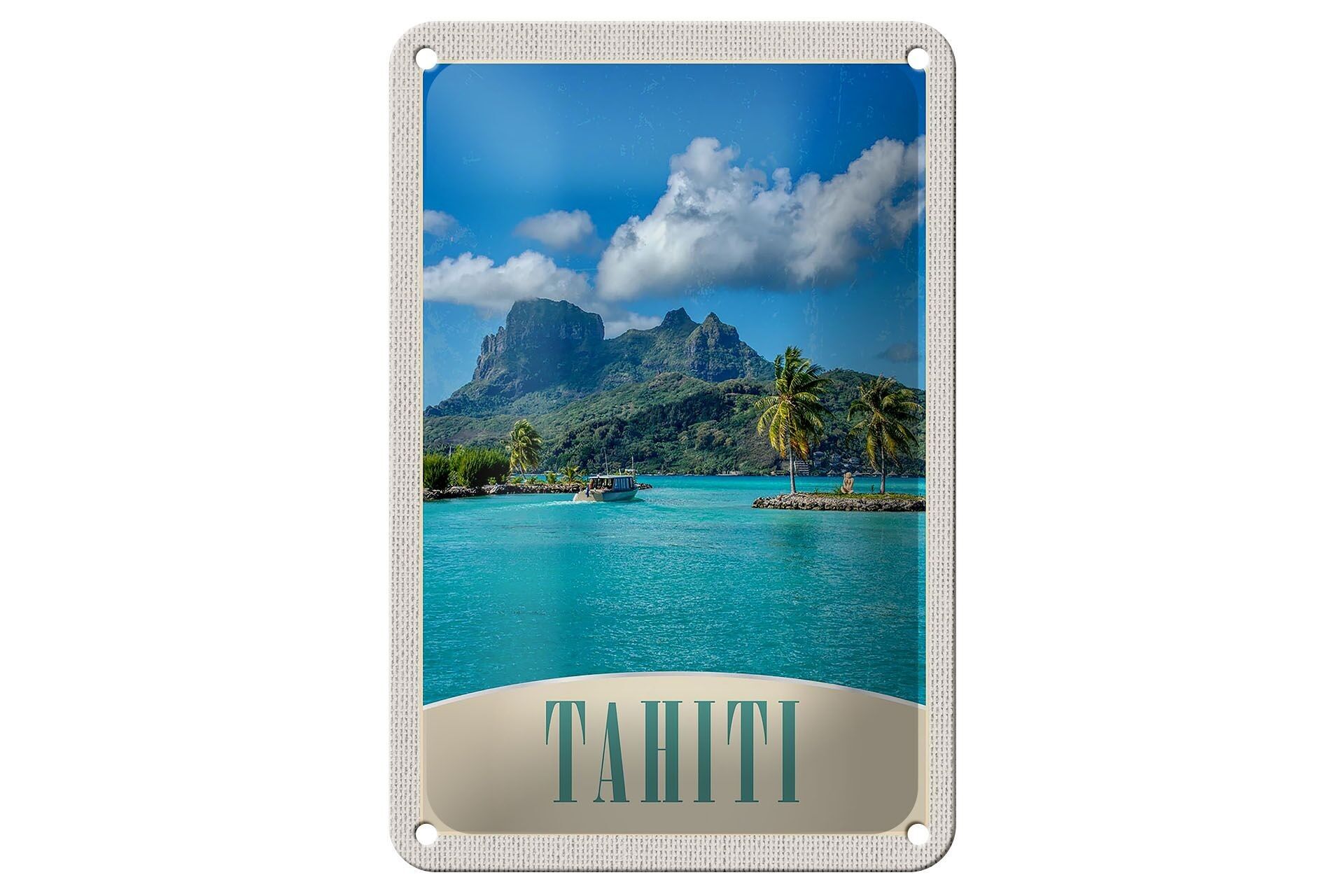Targa in metallo da viaggio 12x18 cm Tahiti America Island Blue Sea Nature Sign