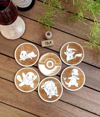 Ensemble de 6 sous-verres en bois Pokemon - Choisissez n'importe quel Pokémon - Porte-gobelet 2