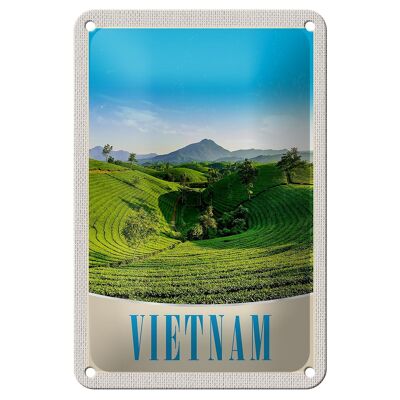 Targa in metallo da viaggio 12x18 cm Vietnam Natura Prato Agricoltura Alberi Targa